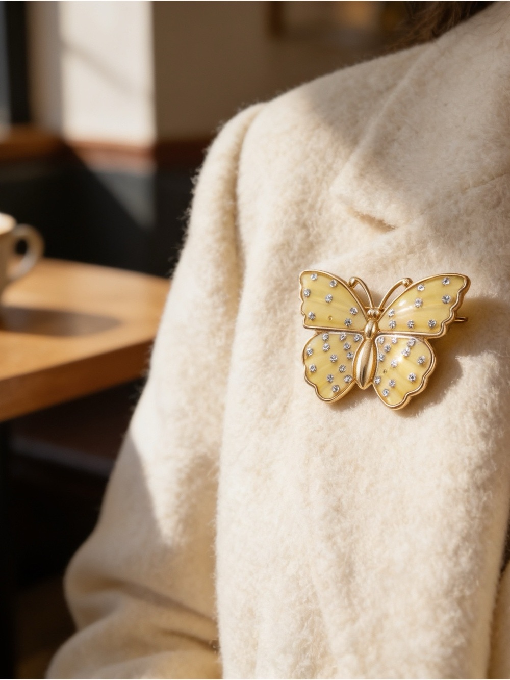 Gold-Tone Pale Yellow Enamel Butterfly Brooch with Crystal Accents